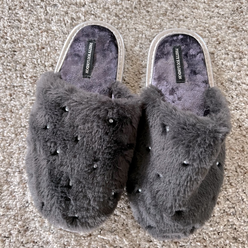 Pearl Embellished Faux Fur Mule